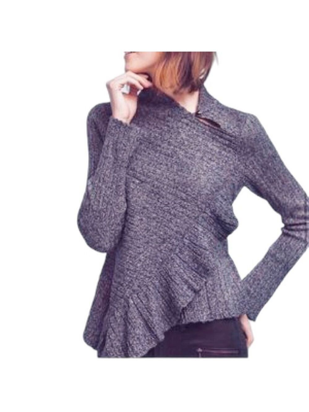 ** Anthropologie Knitted and Knotted Ruffle Trim Navy Marled Sweater Size XS